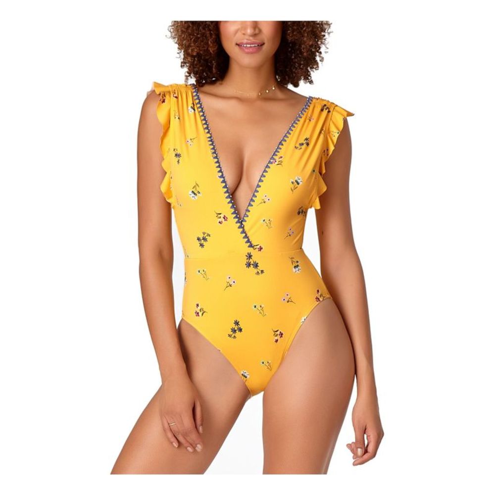 STUDIO ANNE COLE Women's Yellow Ruffled Embellished One Piece Swimsuit 8